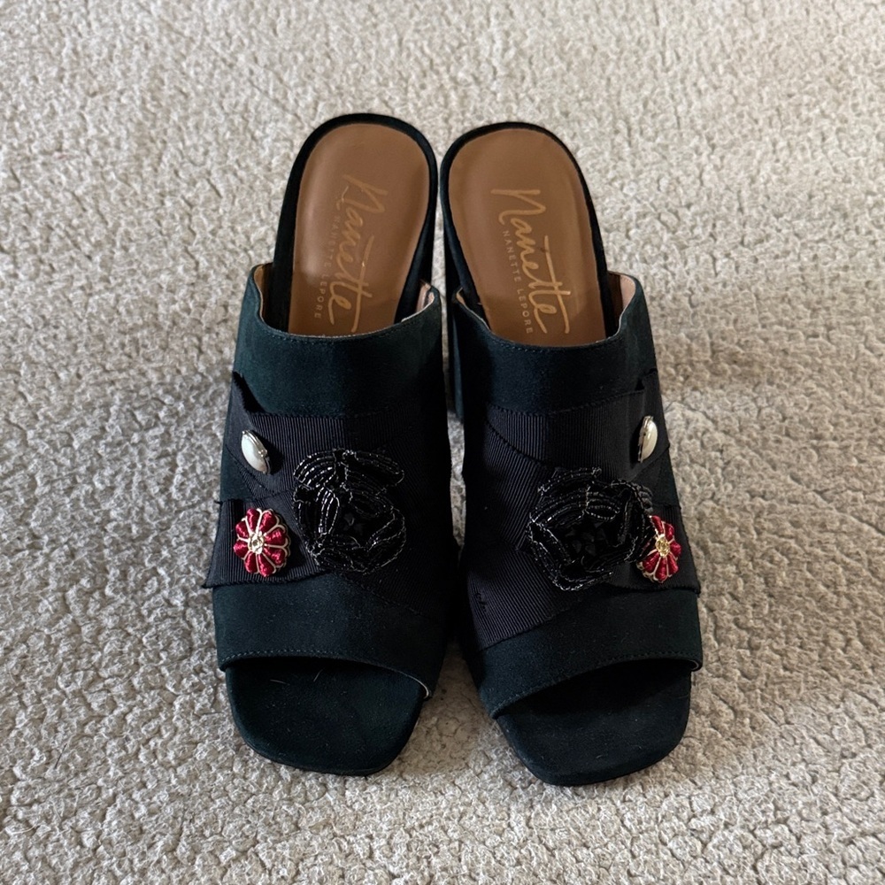 Nanette Lepore Black Suede Open-Toe Mules with Floral Bead Accents 10M